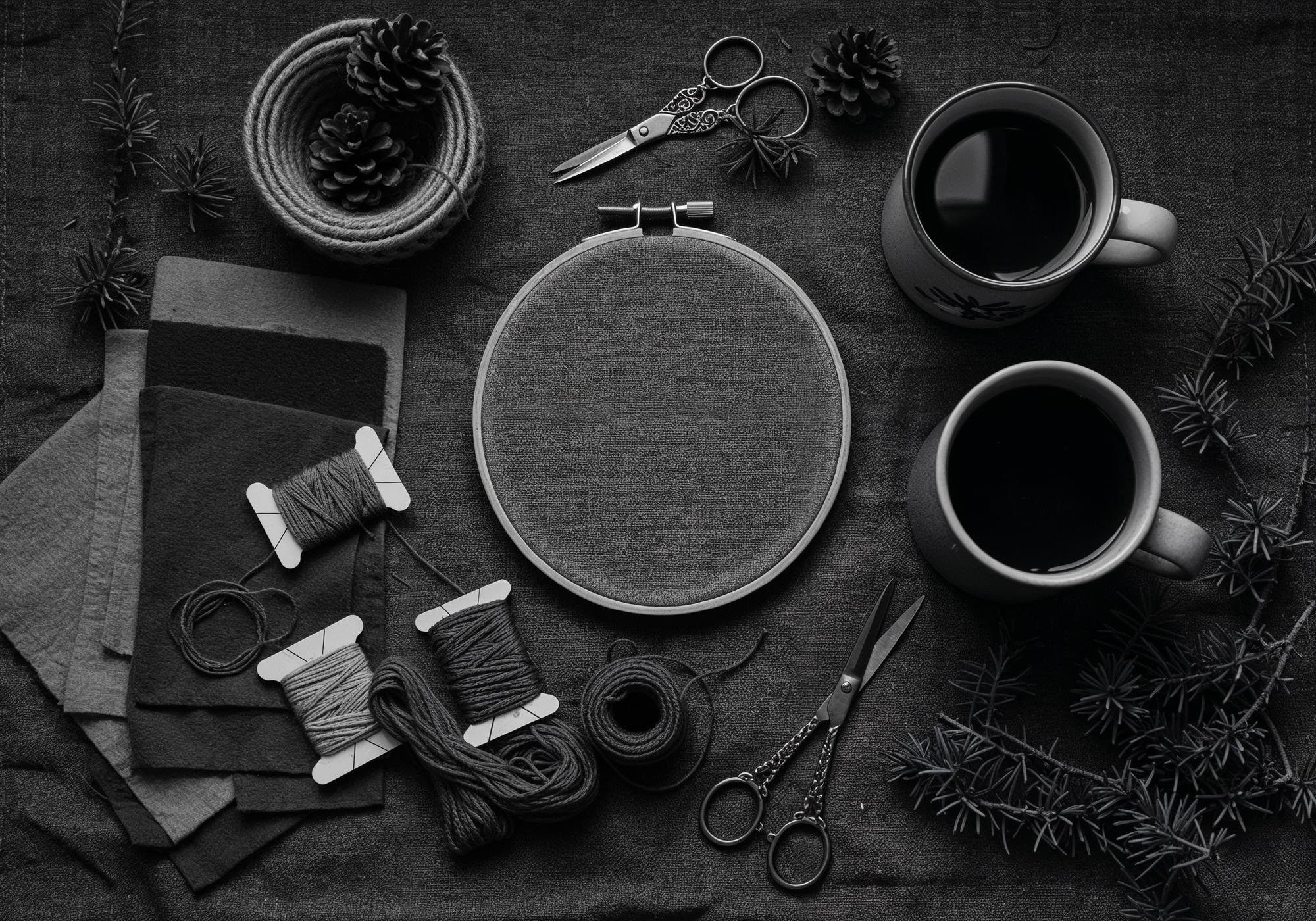 three embroidered sample patches on a dark table